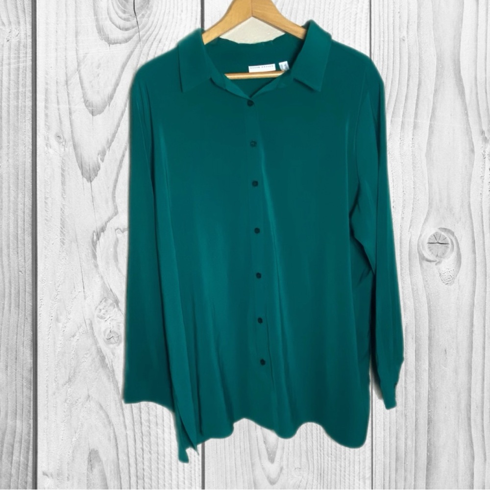 Susan Graver‎ Green Button-Down Shirt Long Sleeve Career Modest size 1X